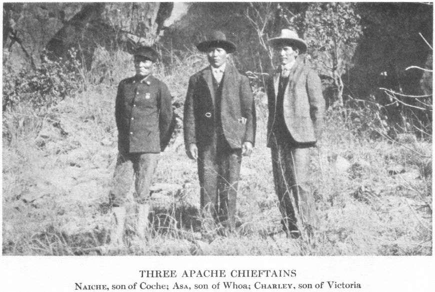 Three Apache chieftains--Naiche, son of Cochise; Asa, son of Whoa; Charley, son of Victoria