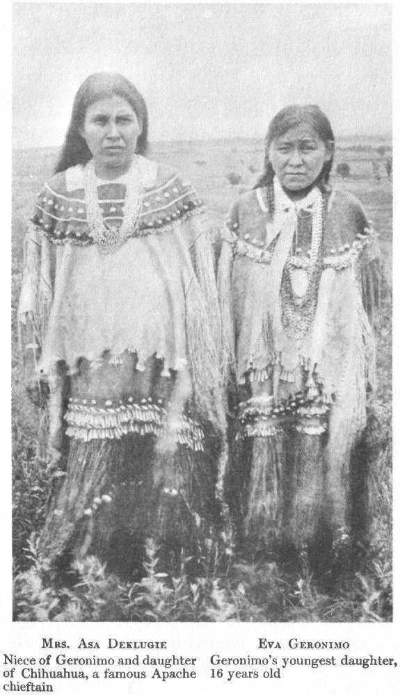 Mrs. Asa Deklugie, niece of Geronimo and daughter of Chihuahua, a famous Apache chieftain [and]
Eva Geronimo, Geronimo's youngest daughter, 16 years old
